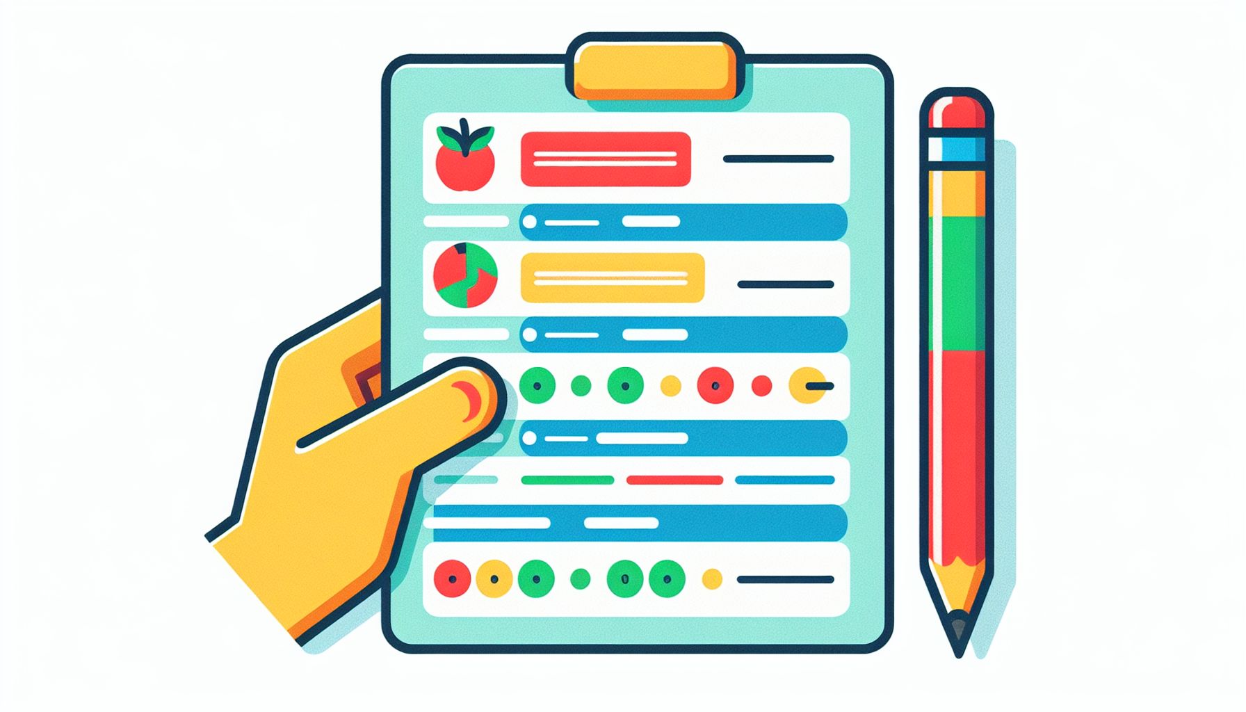 Report Card in flat illustration style and white background, red #f47574, green #88c7a8, yellow #fcc44b, and blue #645bc8 colors.