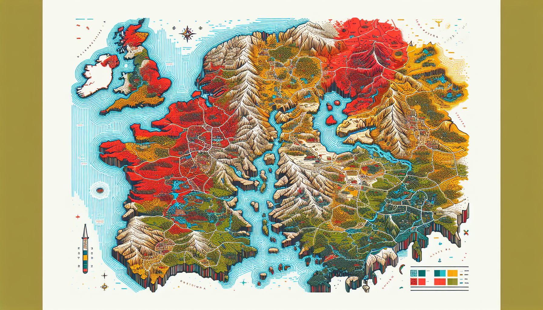 Map in flat illustration style and white background, red #f47574, green #88c7a8, yellow #fcc44b, and blue #645bc8 colors.