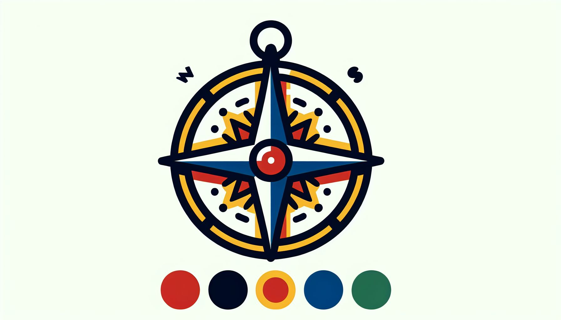 Compass in flat illustration style and white background, red #f47574, green #88c7a8, yellow #fcc44b, and blue #645bc8 colors.