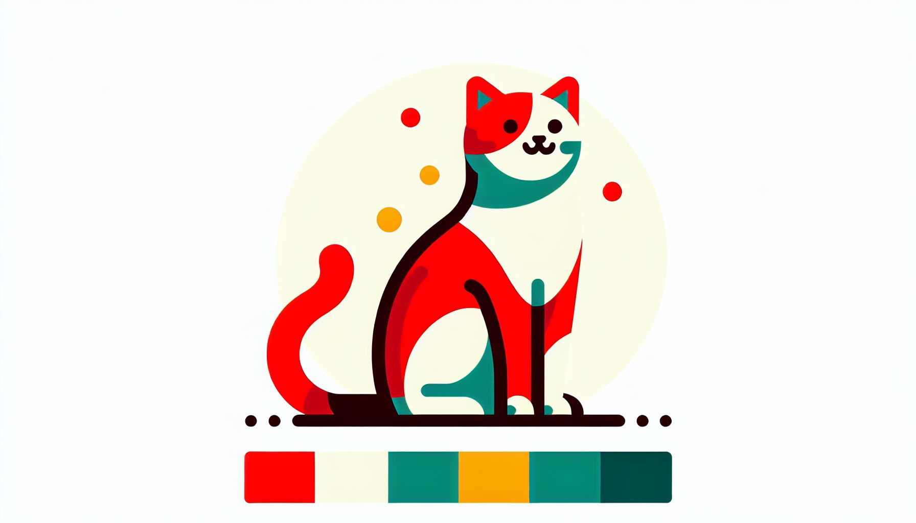 Cat in flat illustration style and white background, red #f47574, green #88c7a8, yellow #fcc44b, and blue #645bc8 colors.