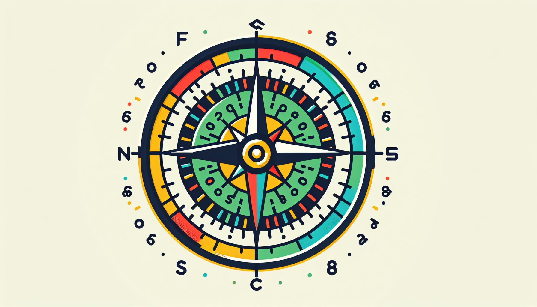 Compass in flat illustration style and white background, red #f47574, green #88c7a8, yellow #fcc44b, and blue #645bc8 colors.