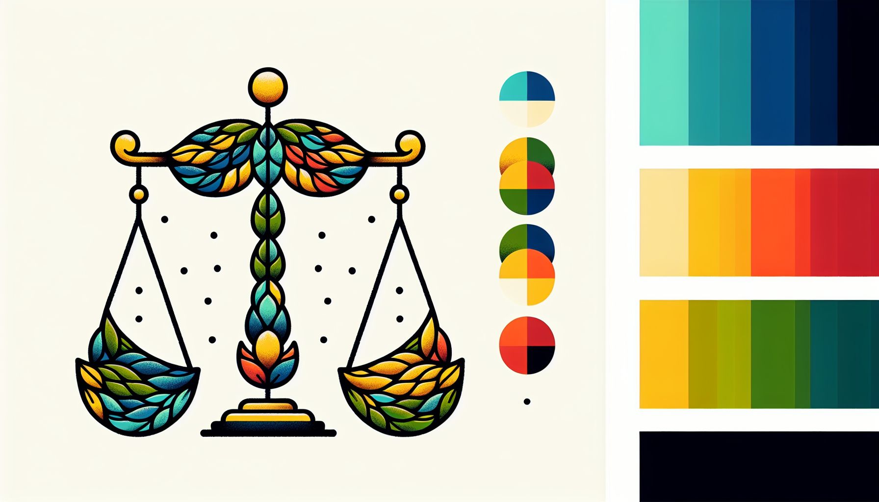 Scales in flat illustration style and white background, red #f47574, green #88c7a8, yellow #fcc44b, and blue #645bc8 colors.