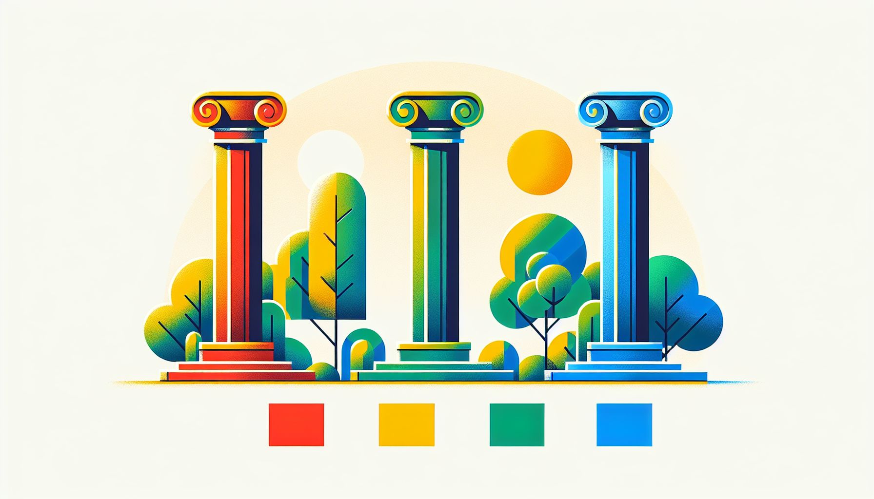 Pillars in flat illustration style and white background, red #f47574, green #88c7a8, yellow #fcc44b, and blue #645bc8 colors.