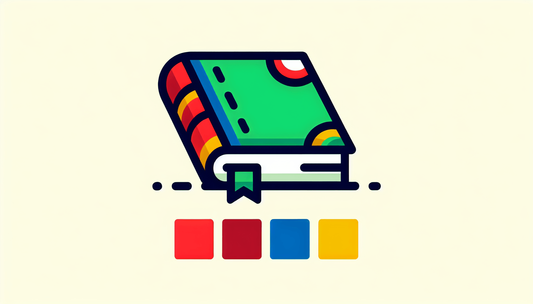 Book in flat illustration style and white background, red #f47574, green #88c7a8, yellow #fcc44b, and blue #645bc8 colors.
