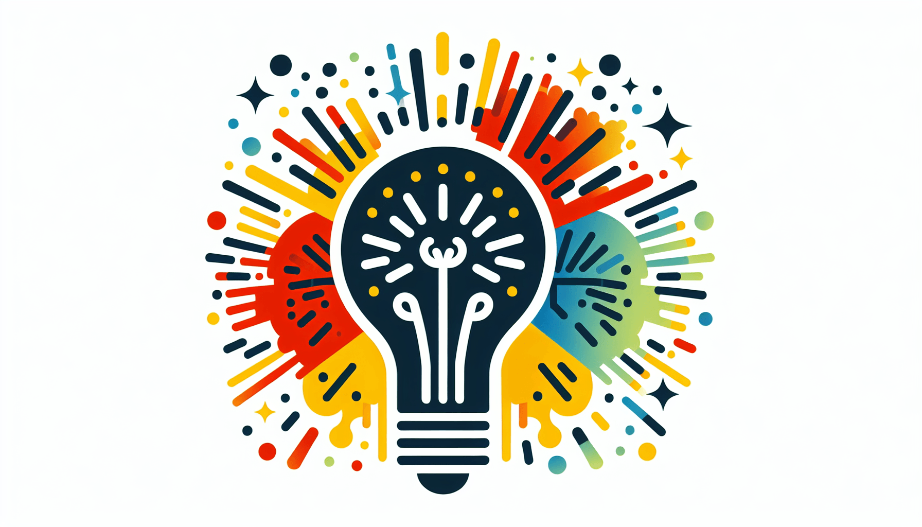 Hur kan man förnya sig med den strategiska arbetsytan för konkurrenskraft? -> Glödlampa i platt illustrationsstil och vit bakgrund, röd #f47574, grön #88c7a8, gul #fcc44b och blå #645bc8 färger.