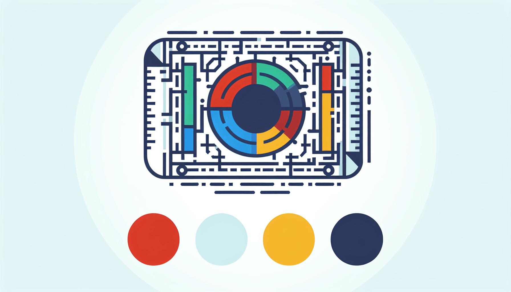 Blueprint in flat illustration style and white background, red #f47574, green #88c7a8, yellow #fcc44b, and blue #645bc8 colors.