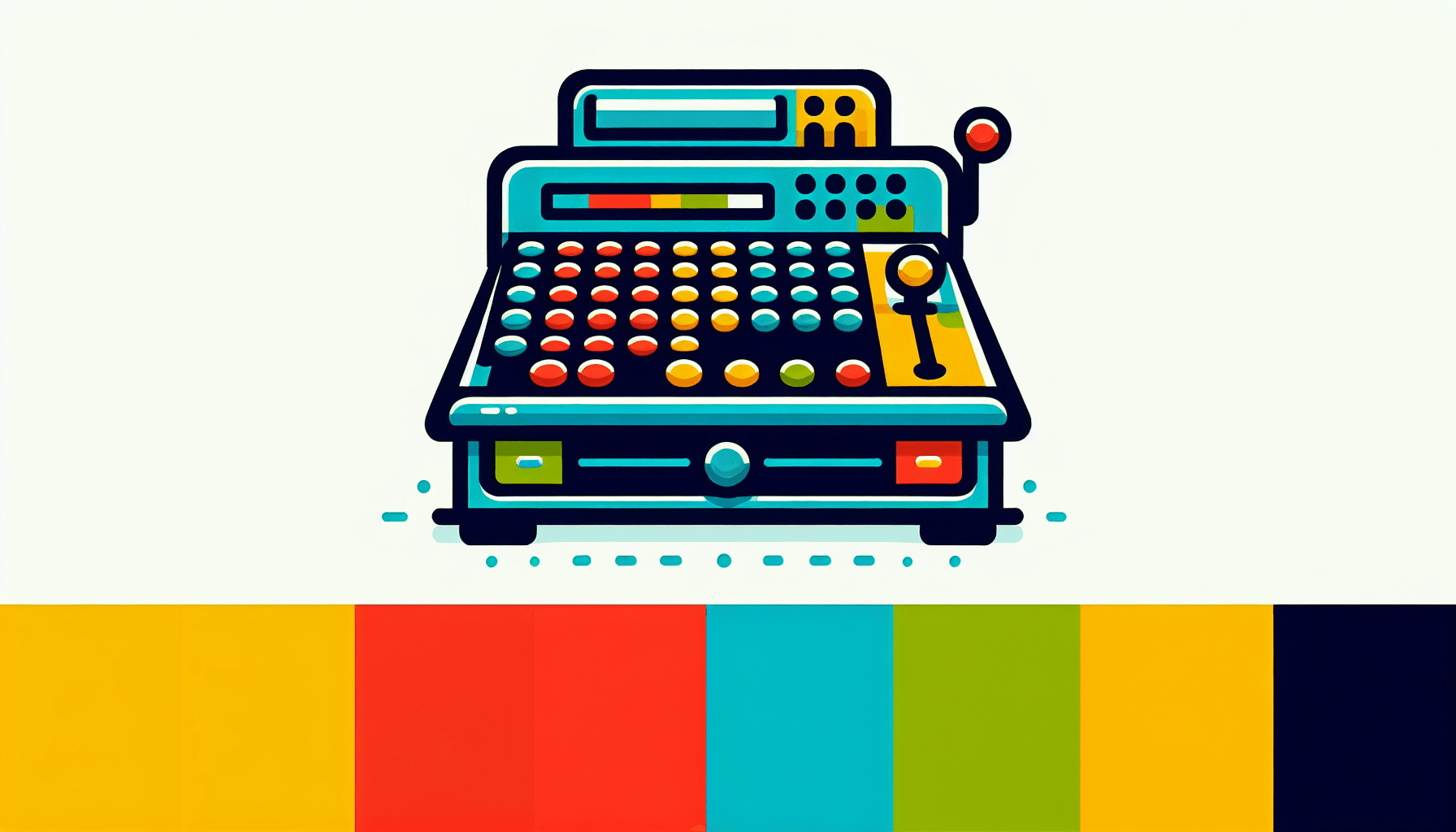 Cash register in flat illustration style and white background, red #f47574, green #88c7a8, yellow #fcc44b, and blue #645bc8 colors.