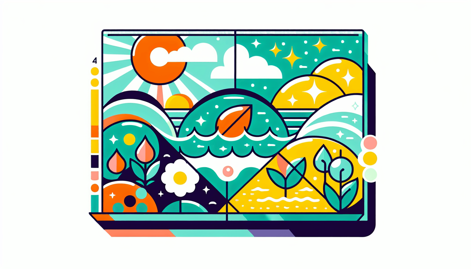 Strategy Canvas Blue Ocean -> in flat illustration style and white background, red #f47574, green #88c7a8, yellow #fcc44b, and blue #645bc8 colors.