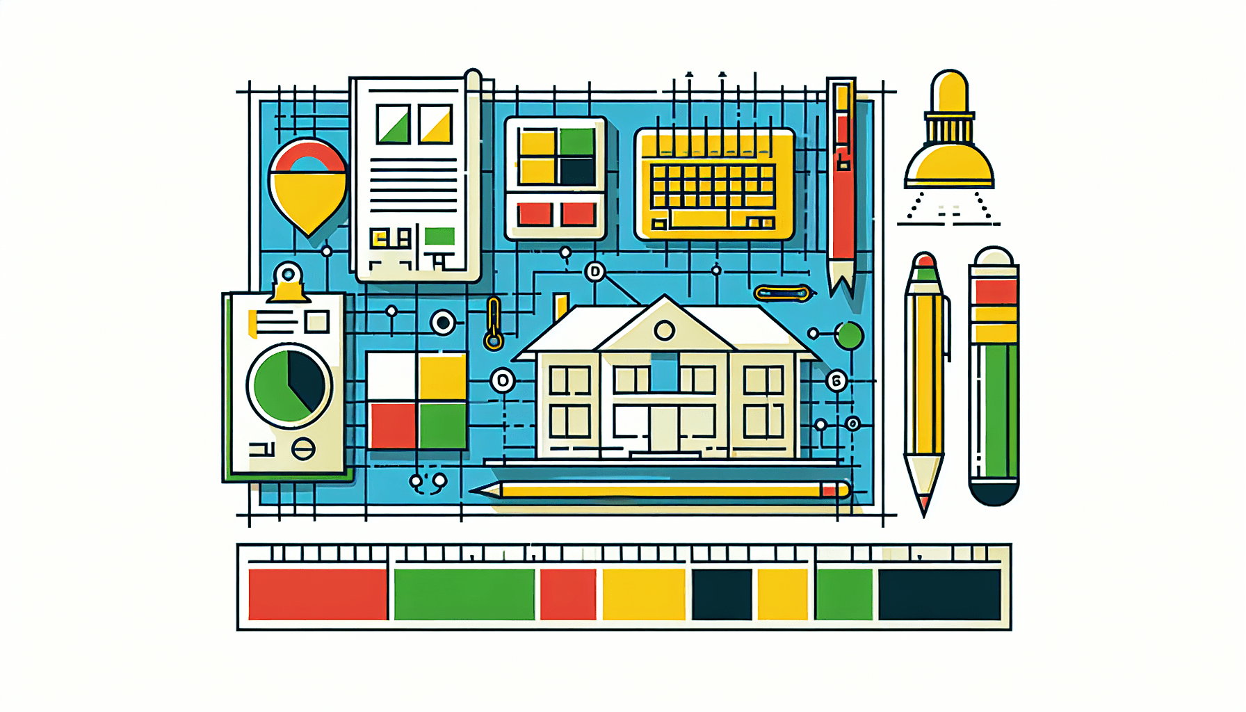 Blueprint in flat illustration style and white background, red #f47574, green #88c7a8, yellow #fcc44b, and blue #645bc8 colors.