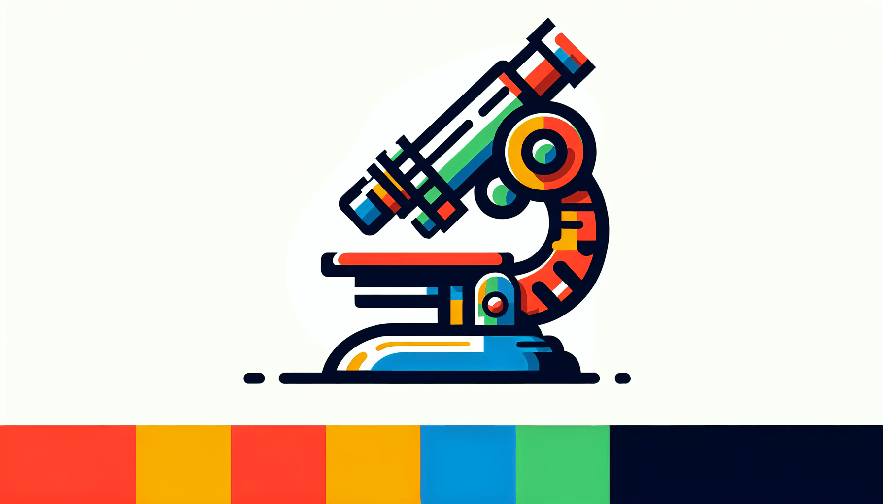 Microscope in flat illustration style and white background, red #f47574, green #88c7a8, yellow #fcc44b, and blue #645bc8 colors.