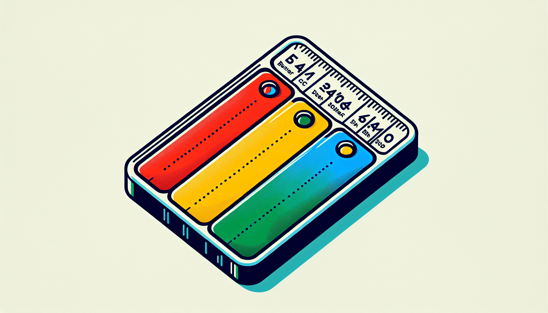 Strategy Canvas Benchmarking -> Ruler in flat illustration style and white background, red #f47574, green #88c7a8, yellow #fcc44b, and blue #645bc8 colors.