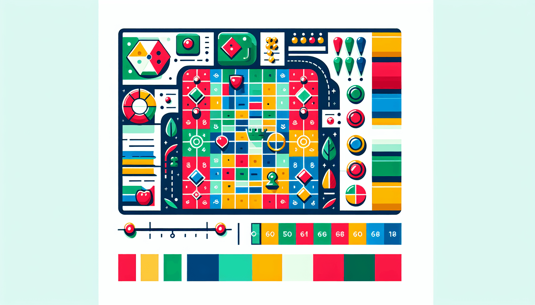 Strategy board in flat illustration style and white background, red #f47574, green #88c7a8, yellow #fcc44b, and blue #645bc8 colors.