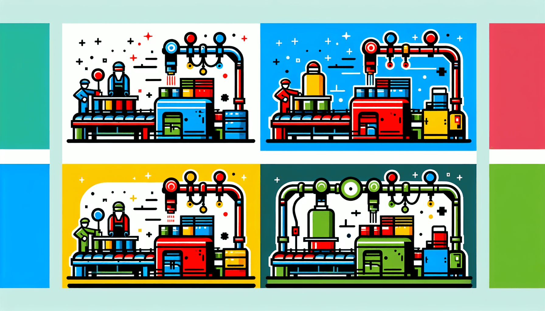 Production line in flat illustration style and white background, red #f47574, green #88c7a8, yellow #fcc44b, and blue #645bc8 colors.