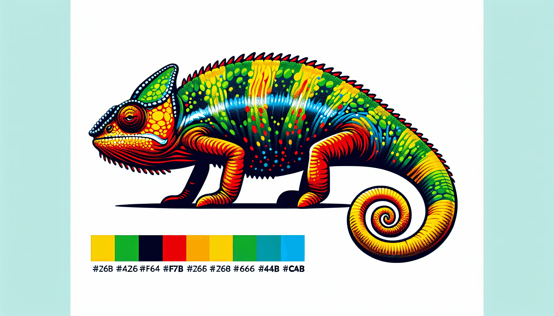 Kameleont i platt illustrationsstil och vit bakgrund, röd #f47574, grön #88c7a8, gul #fcc44b och blå #645bc8 färger.