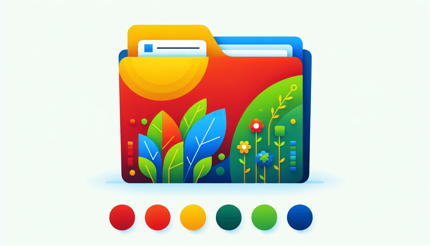 Types -> File folder in flat illustration style and white background, red #f47574, green #88c7a8, yellow #fcc44b, and blue #645bc8 colors.