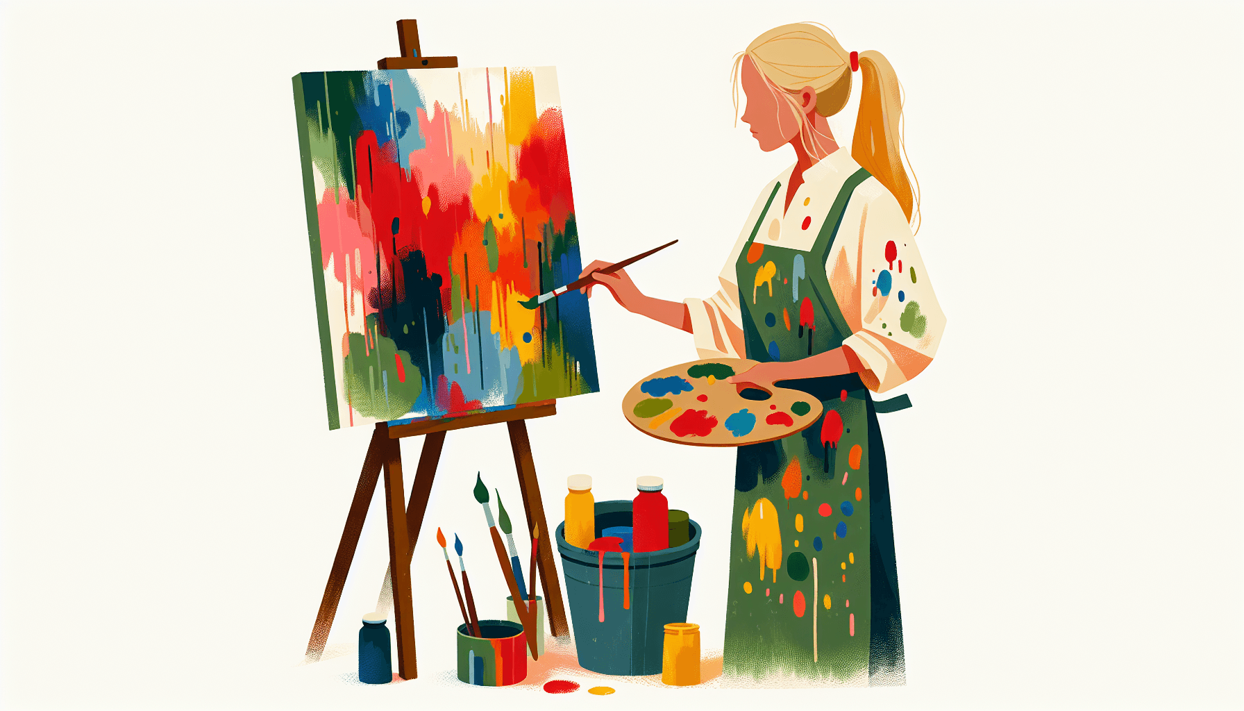 Create -> Artist in flat illustration style and white background, red #f47574, green #88c7a8, yellow #fcc44b, and blue #645bc8 colors.