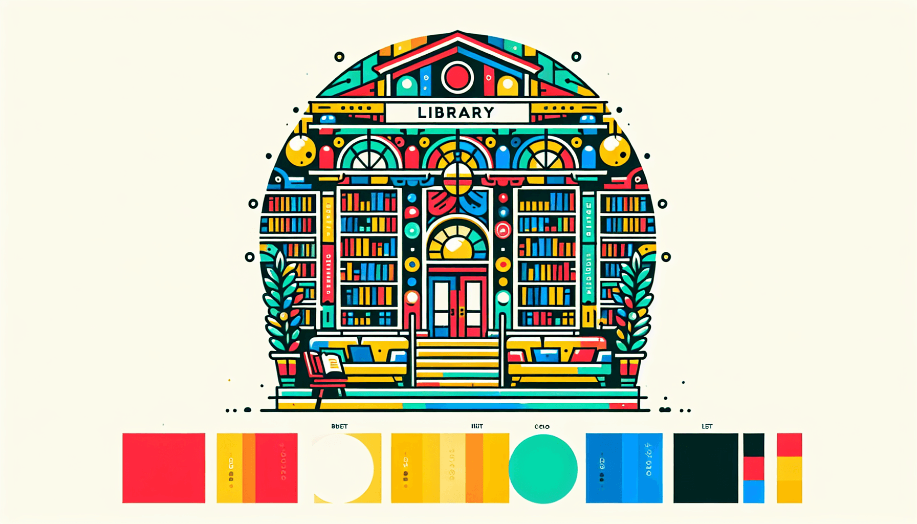 Library in flat illustration style and white background, red #f47574, green #88c7a8, yellow #fcc44b, and blue #645bc8 colors.