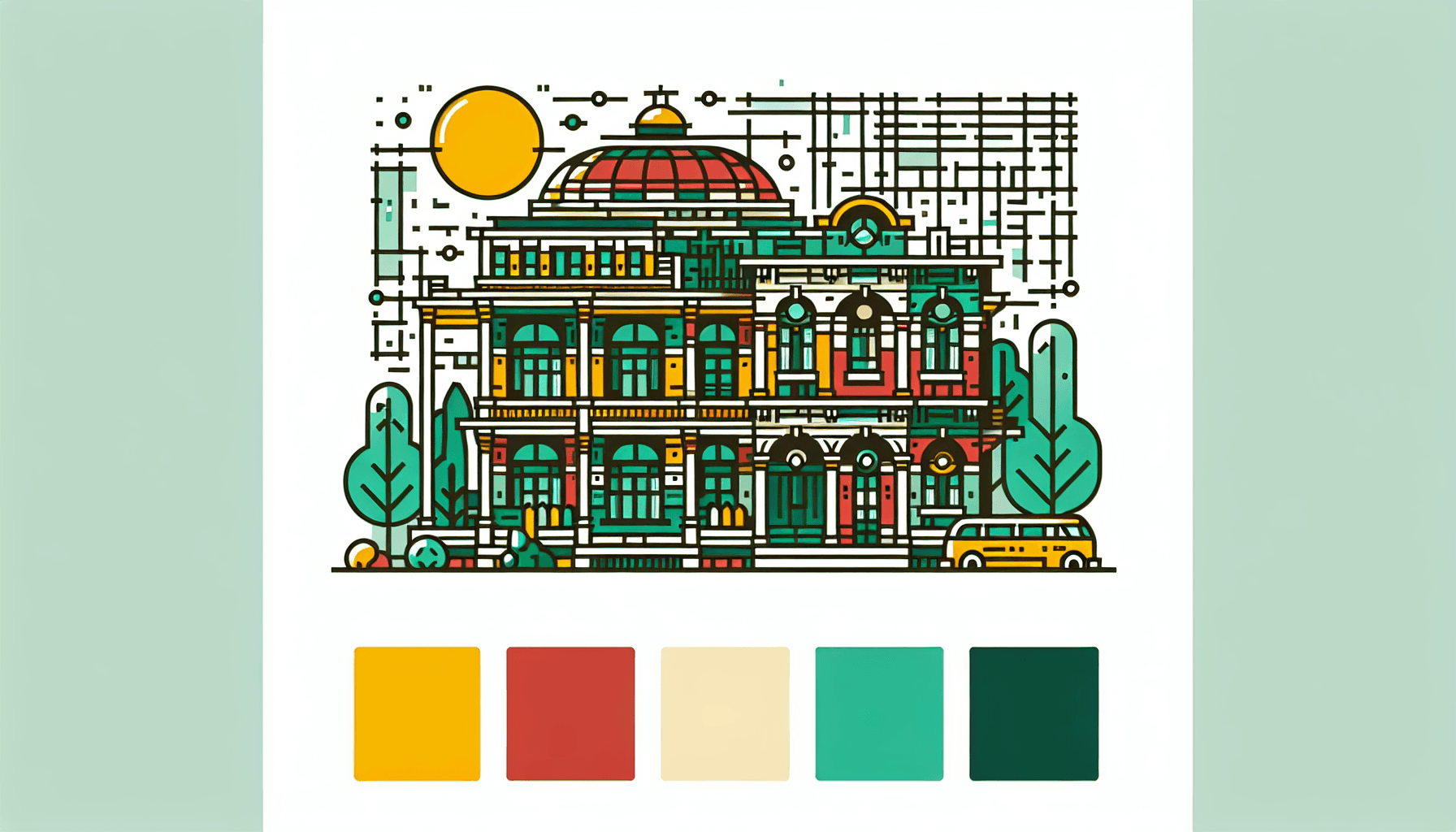 Blueprints in flat illustration style and white background, red #f47574, green #88c7a8, yellow #fcc44b, and blue #645bc8 colors.