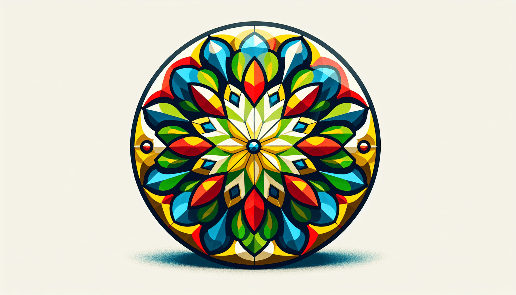 Kaleidoscope in flat illustration style and white background, red #f47574, green #88c7a8, yellow #fcc44b, and blue #645bc8 colors.