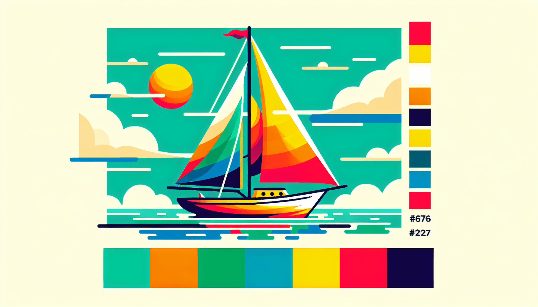 Sailboat in flat illustration style and white background, red #f47574, green #88c7a8, yellow #fcc44b, and blue #645bc8 colors.