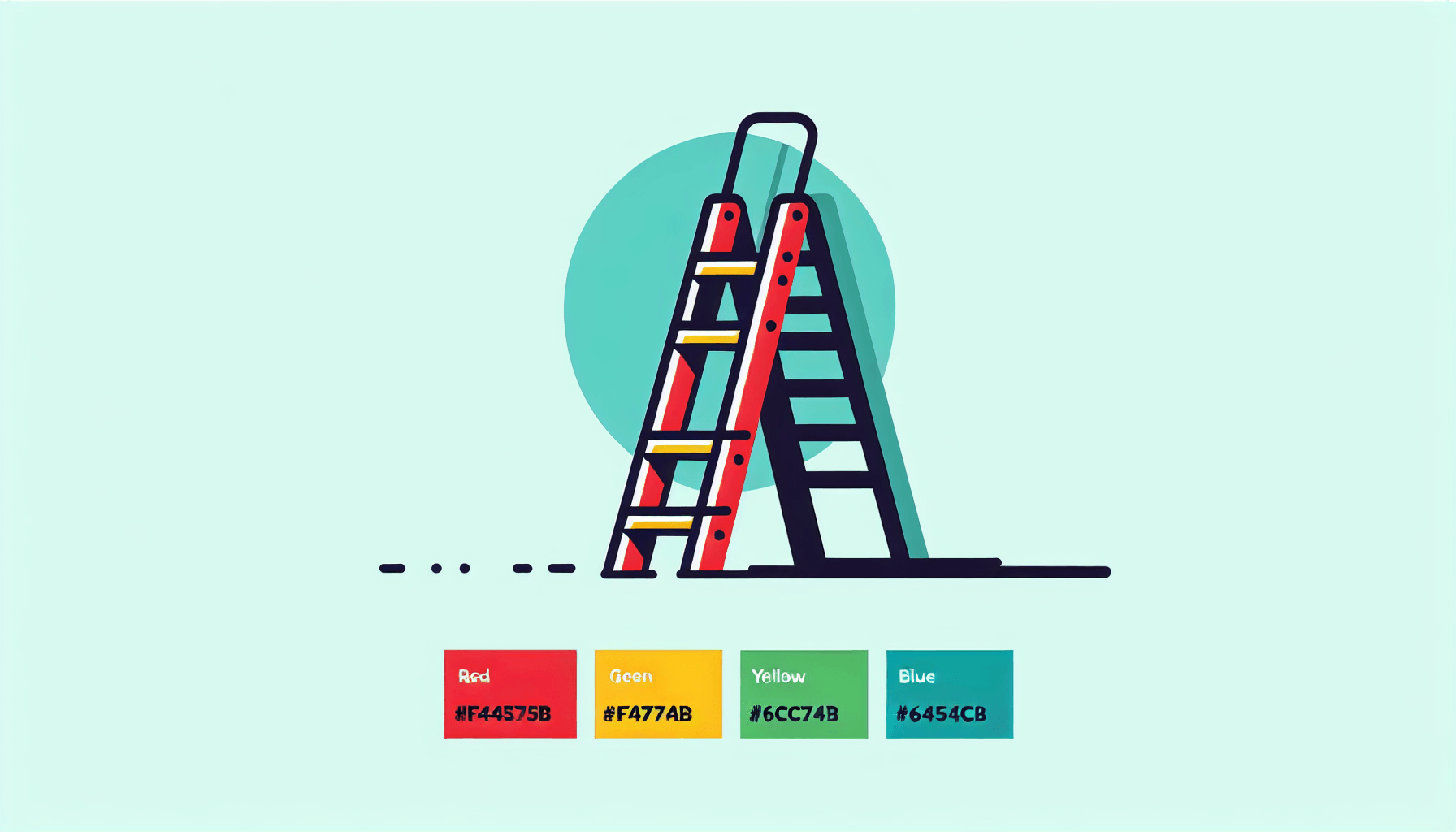Stepladder in flat illustration style and white background, red #f47574, green #88c7a8, yellow #fcc44b, and blue #645bc8 colors.