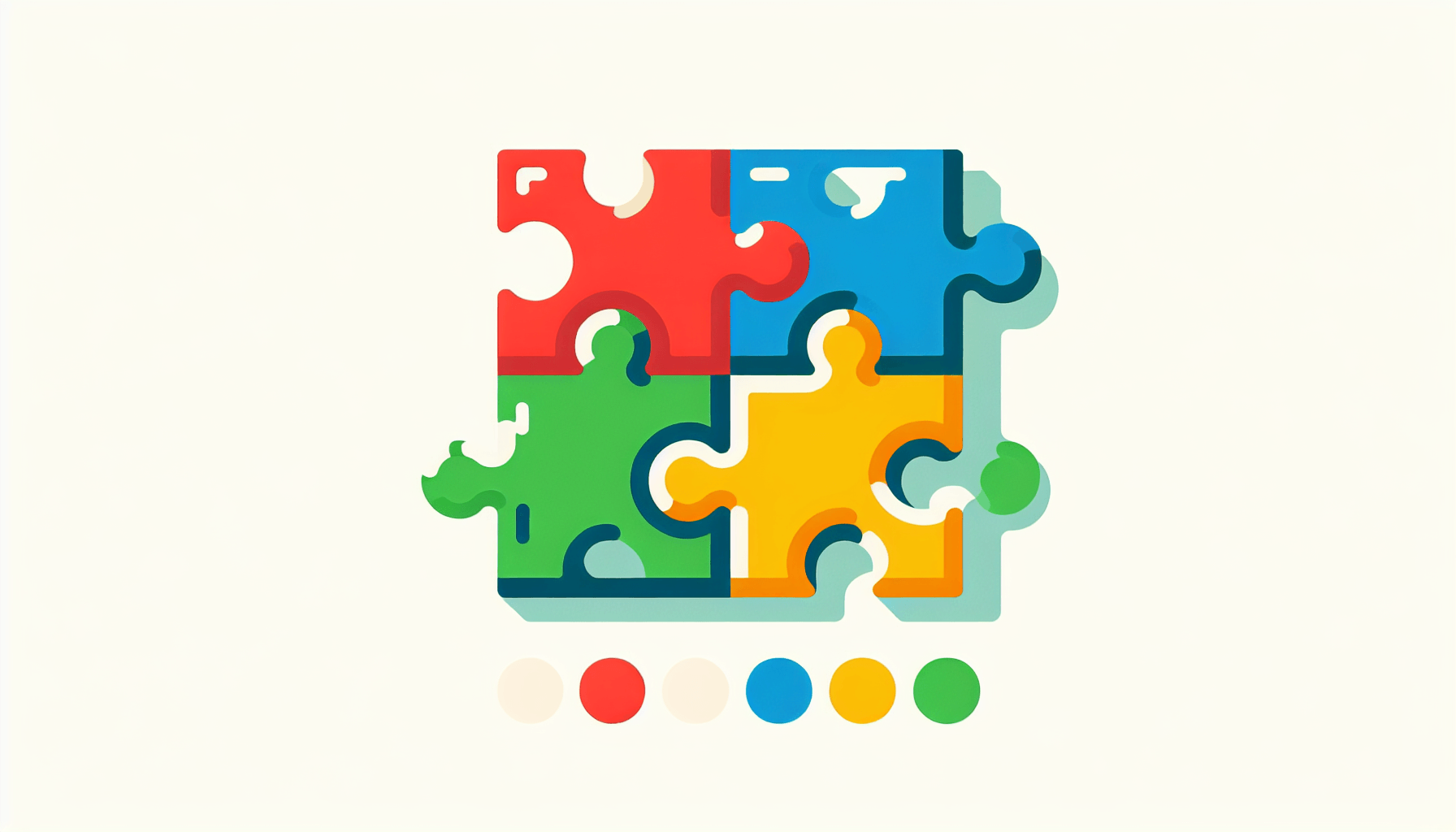 Jigsaw puzzle in flat illustration style and white background, red #f47574, green #88c7a8, yellow #fcc44b, and blue #645bc8 colors.