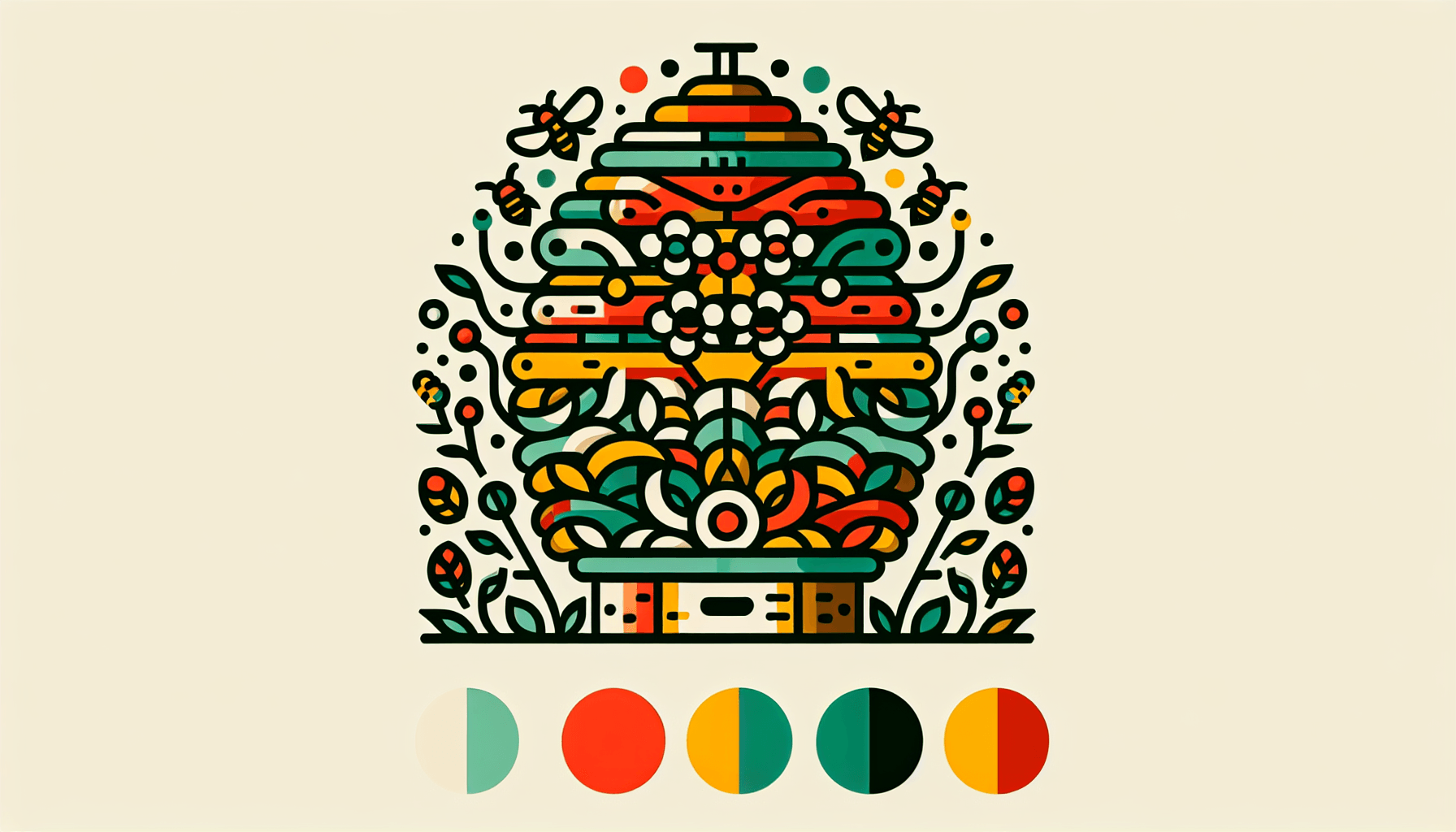 Beehive in flat illustration style and white background, red #f47574, green #88c7a8, yellow #fcc44b, and blue #645bc8 colors.