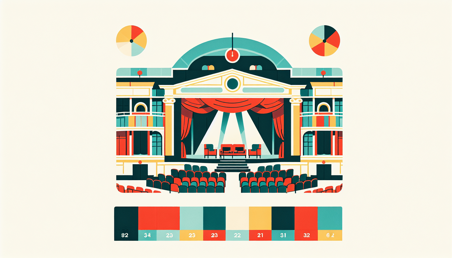 Theater in flat illustration style and white background, red #f47574, green #88c7a8, yellow #fcc44b, and blue #645bc8 colors.