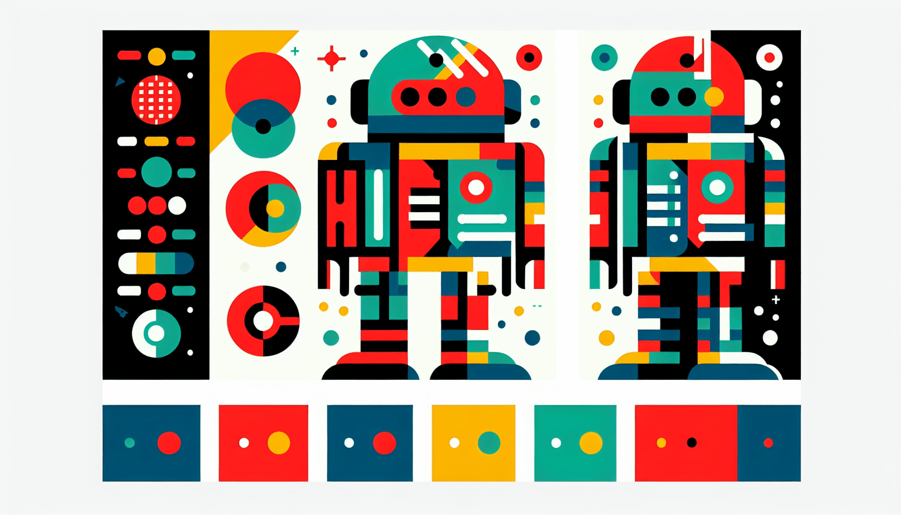 Robot in flat illustration style and white background, red #f47574, green #88c7a8, yellow #fcc44b, and blue #645bc8 colors.