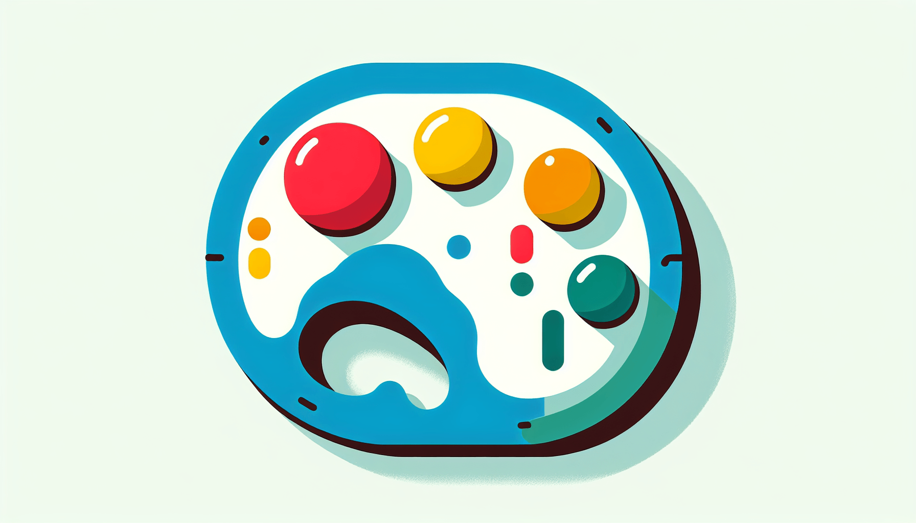 Painter's palette in flat illustration style and white background, red #f47574, green #88c7a8, yellow #fcc44b, and blue #645bc8 colors.