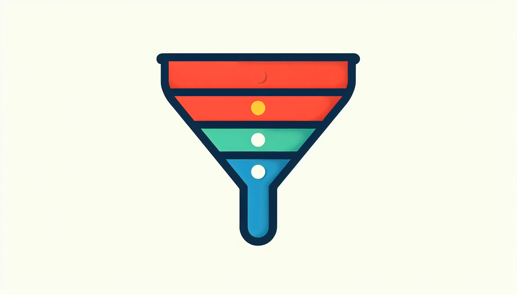 Funnel in flat illustration style and white background, red #f47574, green #88c7a8, yellow #fcc44b, and blue #645bc8 colors.