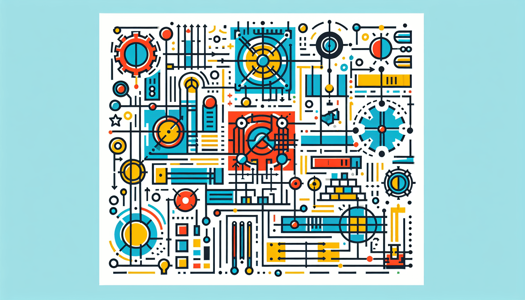 Example -> Blueprint in flat illustration style and white background, red #f47574, green #88c7a8, yellow #fcc44b, and blue #645bc8 colors.