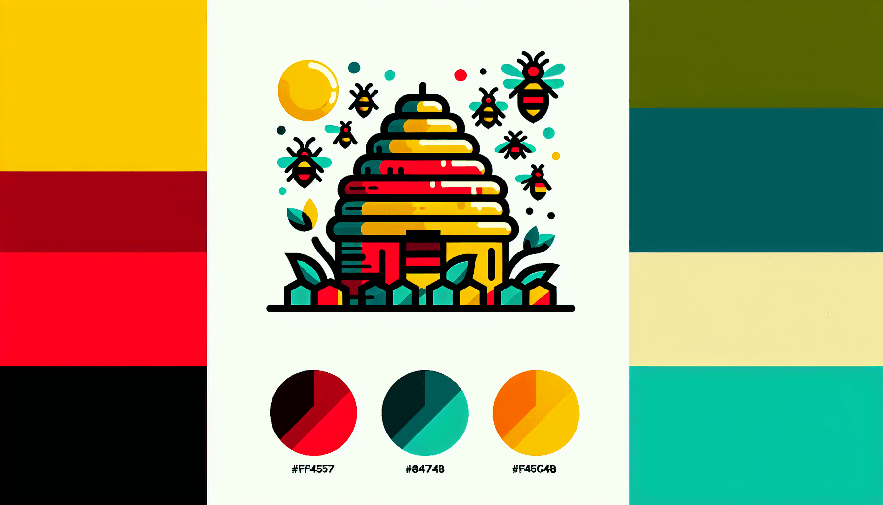 Beehive in flat illustration style and white background, red #f47574, green #88c7a8, yellow #fcc44b, and blue #645bc8 colors.