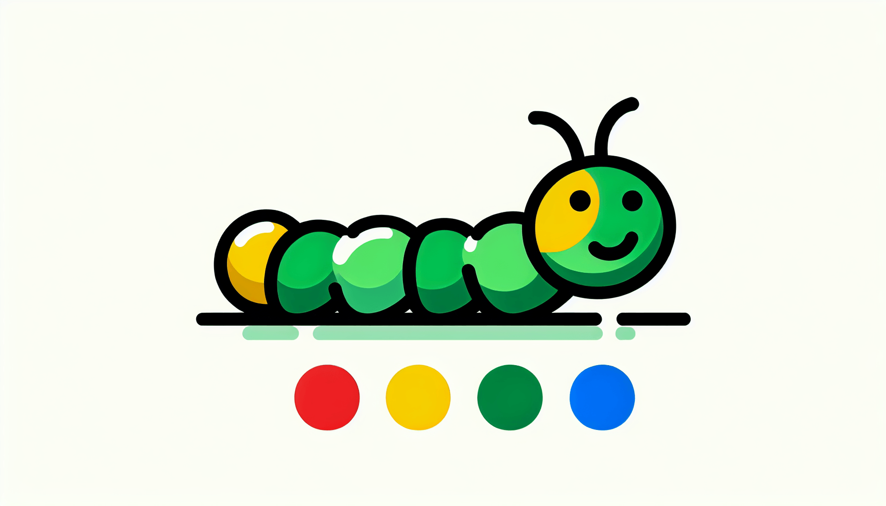 Caterpillar in flat illustration style and white background, red #f47574, green #88c7a8, yellow #fcc44b, and blue #645bc8 colors.