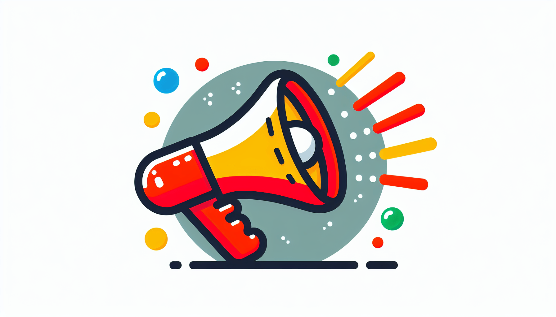 Megaphone in flat illustration style and white background, red #f47574, green #88c7a8, yellow #fcc44b, and blue #645bc8 colors.