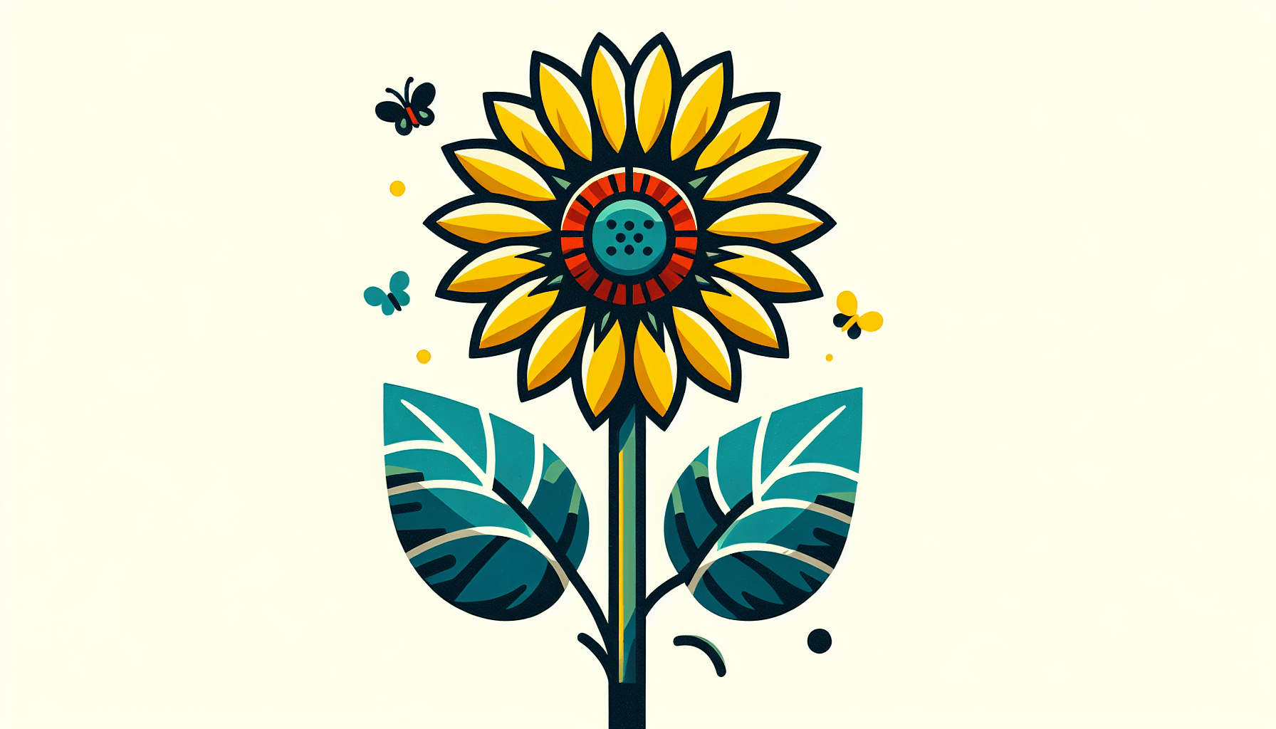 Sunflower in flat illustration style and white background, red #f47574, green #88c7a8, yellow #fcc44b, and blue #645bc8 colors.
