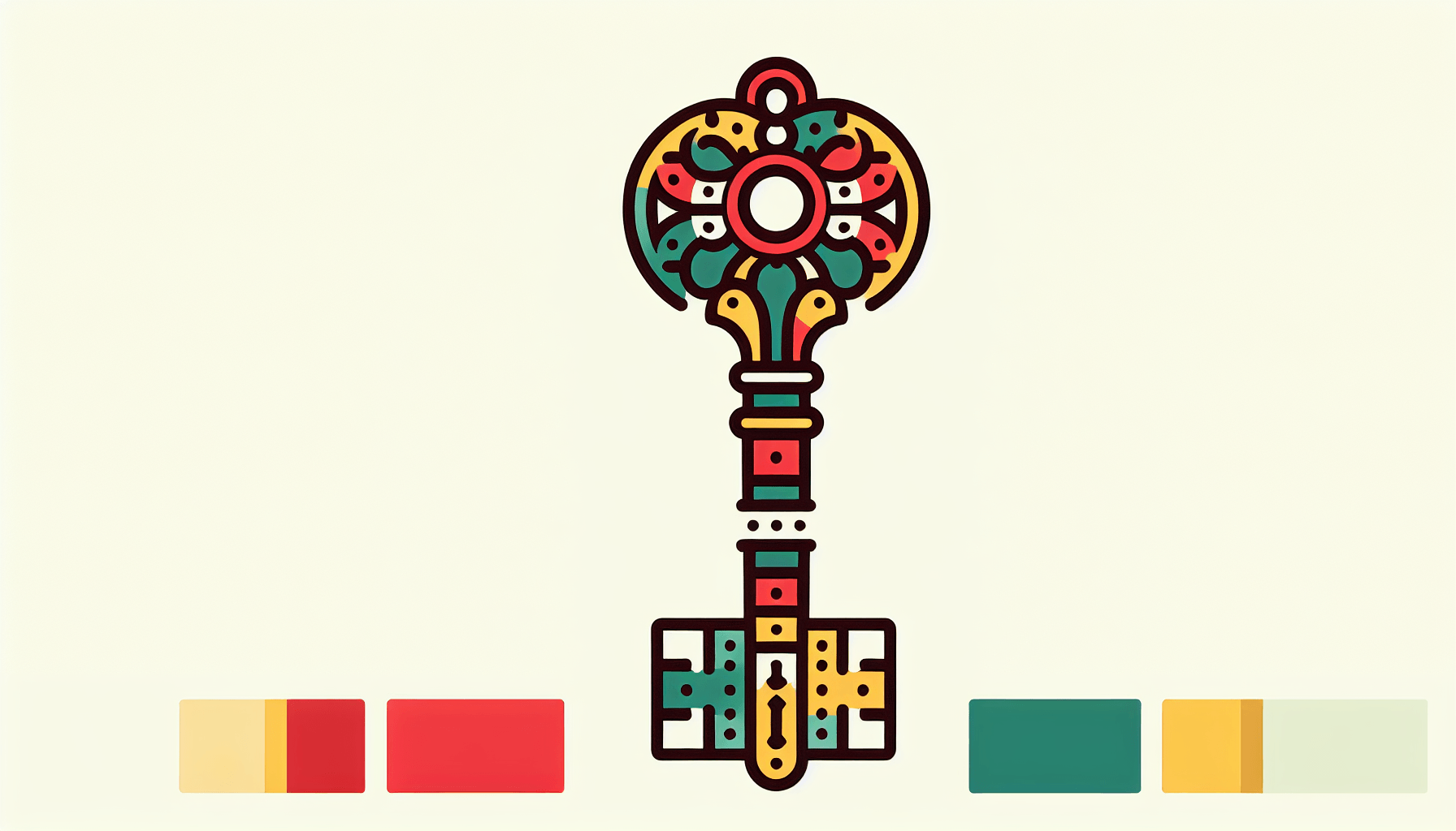 Become -> Key in flat illustration style and white background, red #f47574, green #88c7a8, yellow #fcc44b, and blue #645bc8 colors.