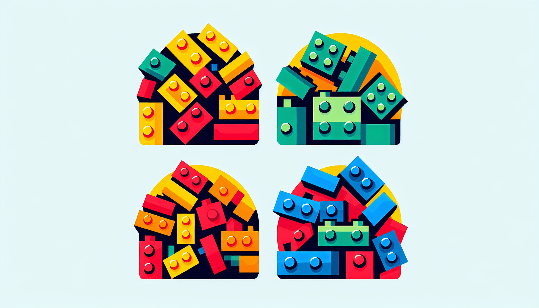 Lego blocks in flat illustration style and white background, red #f47574, green #88c7a8, yellow #fcc44b, and blue #645bc8 colors.