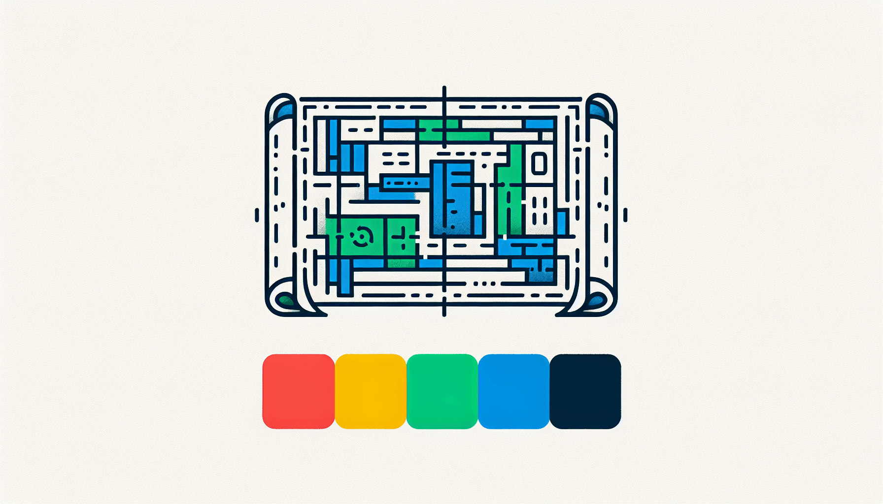 Blueprint in flat illustration style and white background, red #f47574, green #88c7a8, yellow #fcc44b, and blue #645bc8 colors.