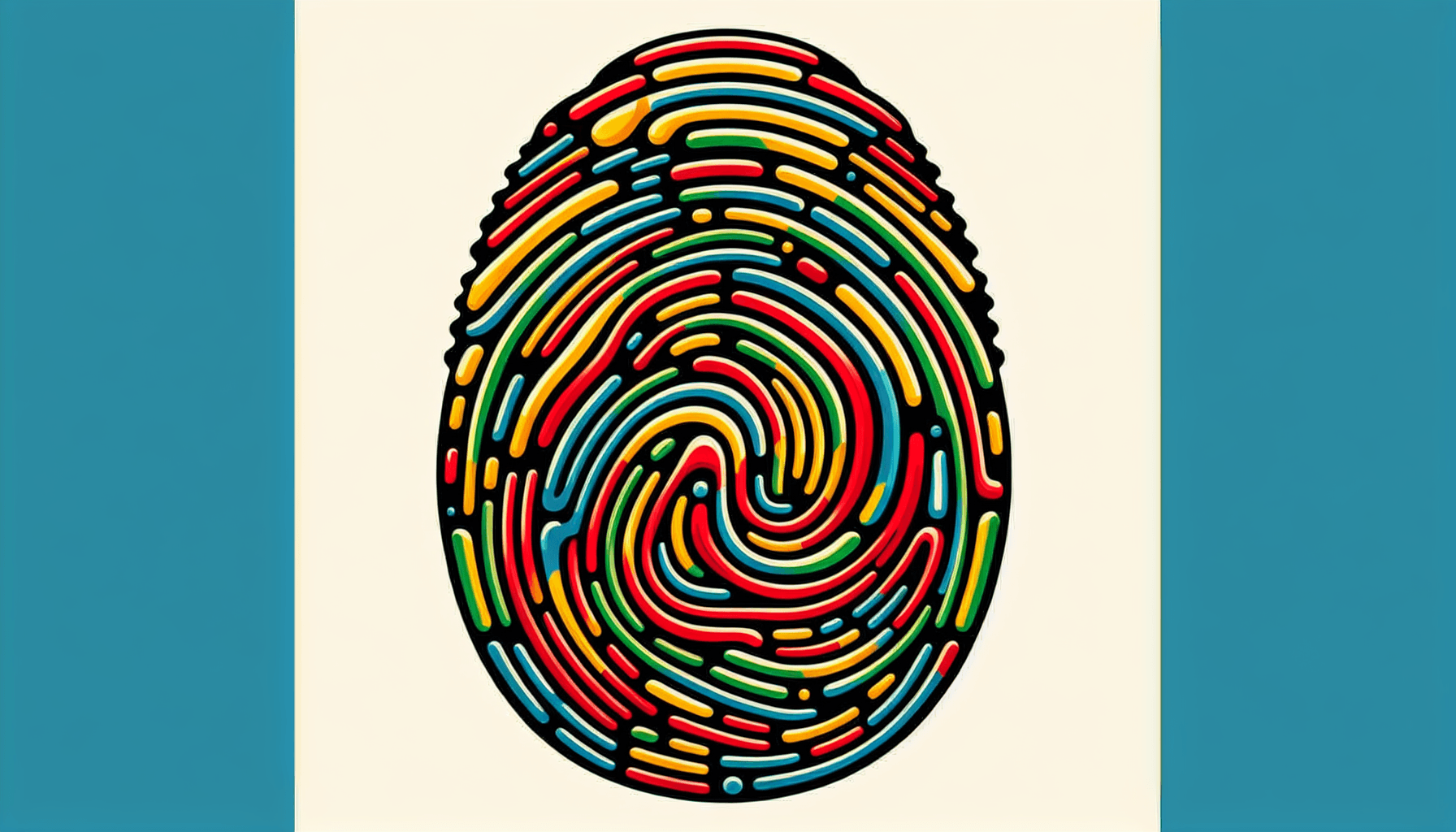 Fingerprint in flat illustration style and white background, red #f47574, green #88c7a8, yellow #fcc44b, and blue #645bc8 colors.