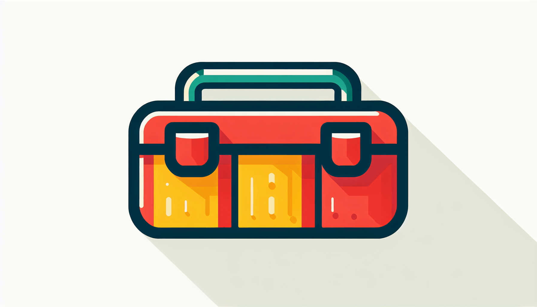 Toolbox in flat illustration style and white background, red #f47574, green #88c7a8, yellow #fcc44b, and blue #645bc8 colors.