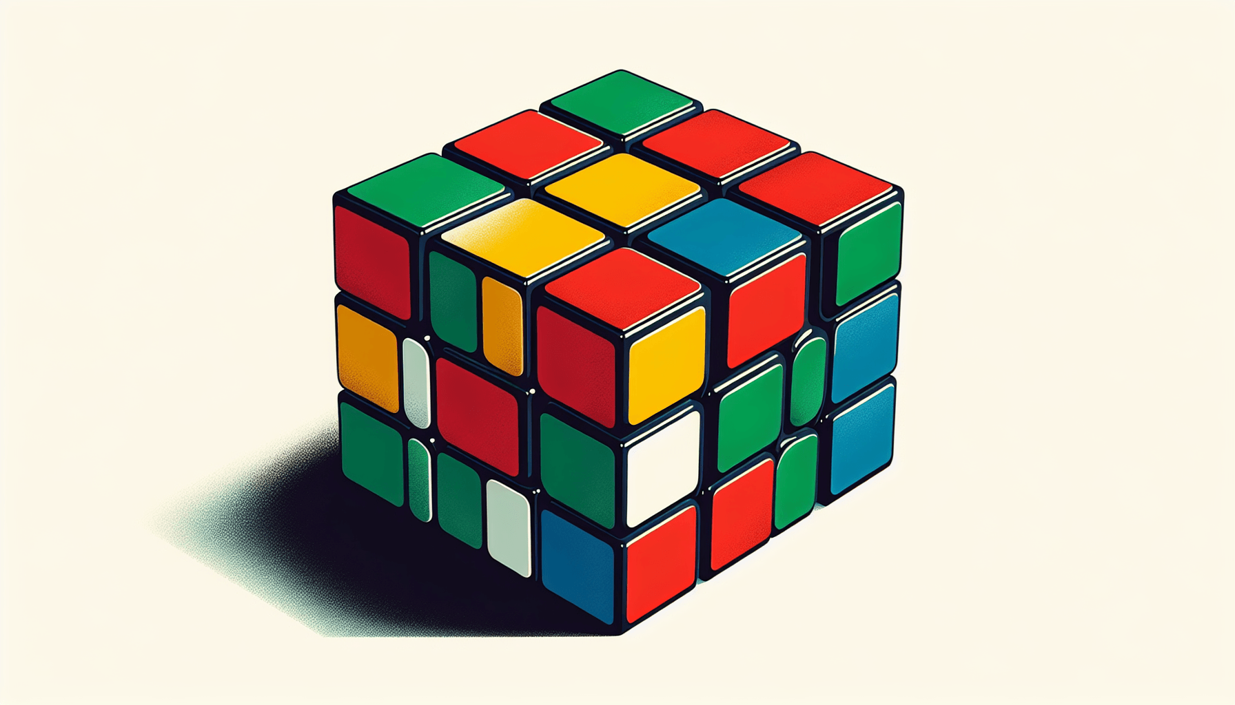 Rubik’s Cube in flat illustration style and white background, red #f47574, green #88c7a8, yellow #fcc44b, and blue #645bc8 colors.
