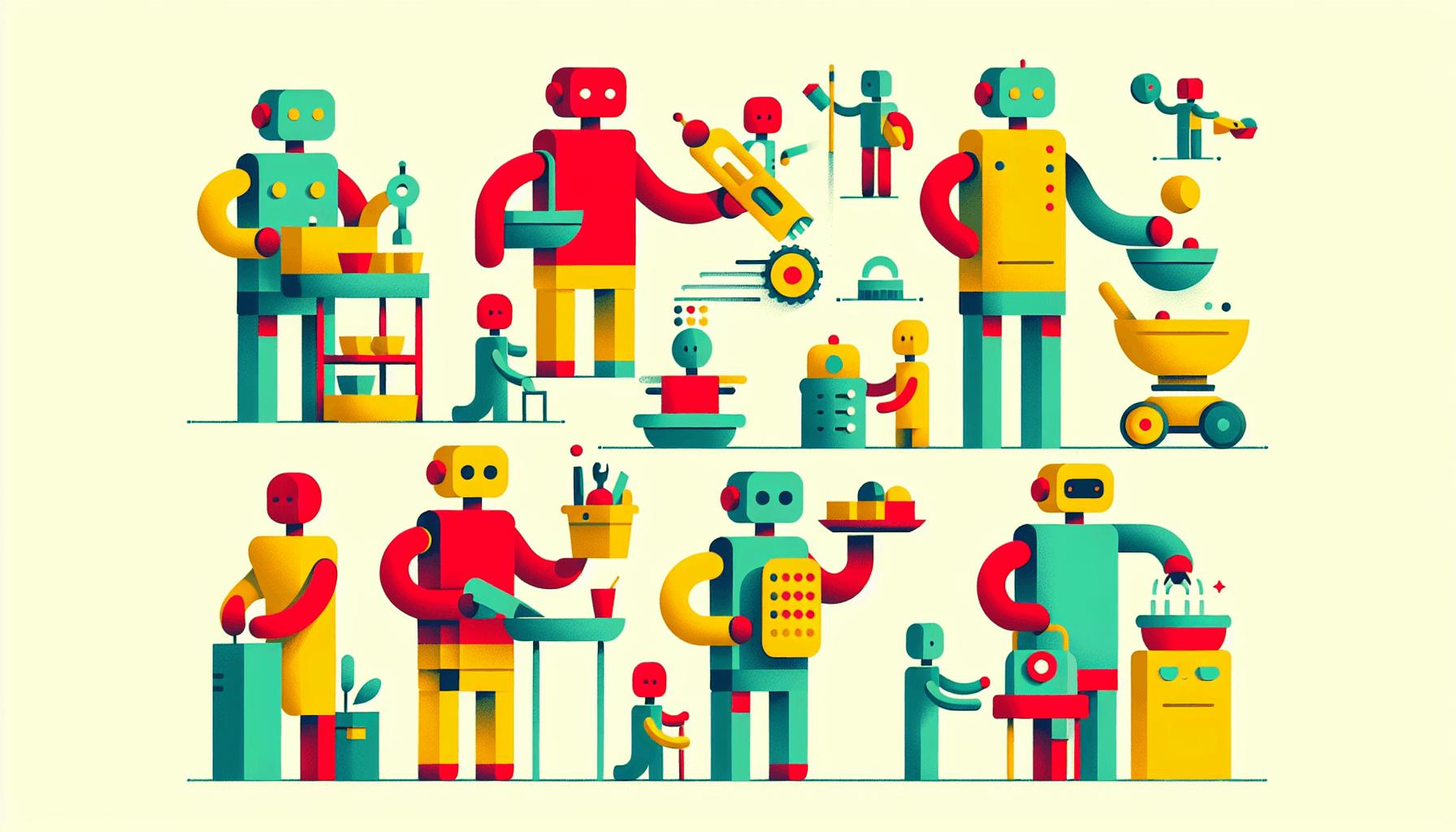 Robot helpers in flat illustration style and white background, red #f47574, green #88c7a8, yellow #fcc44b, and blue #645bc8 colors.