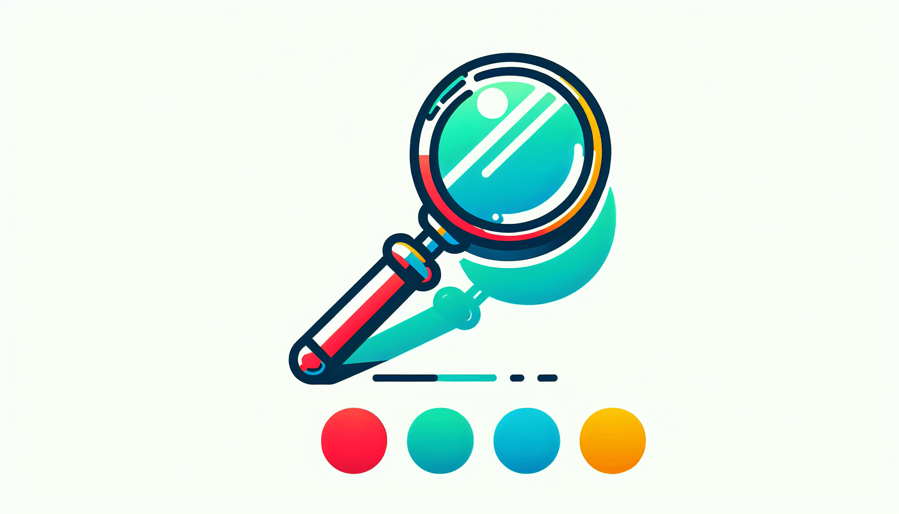 Magnifying glass in flat illustration style and white background, red #f47574, green #88c7a8, yellow #fcc44b, and blue #645bc8 colors.
