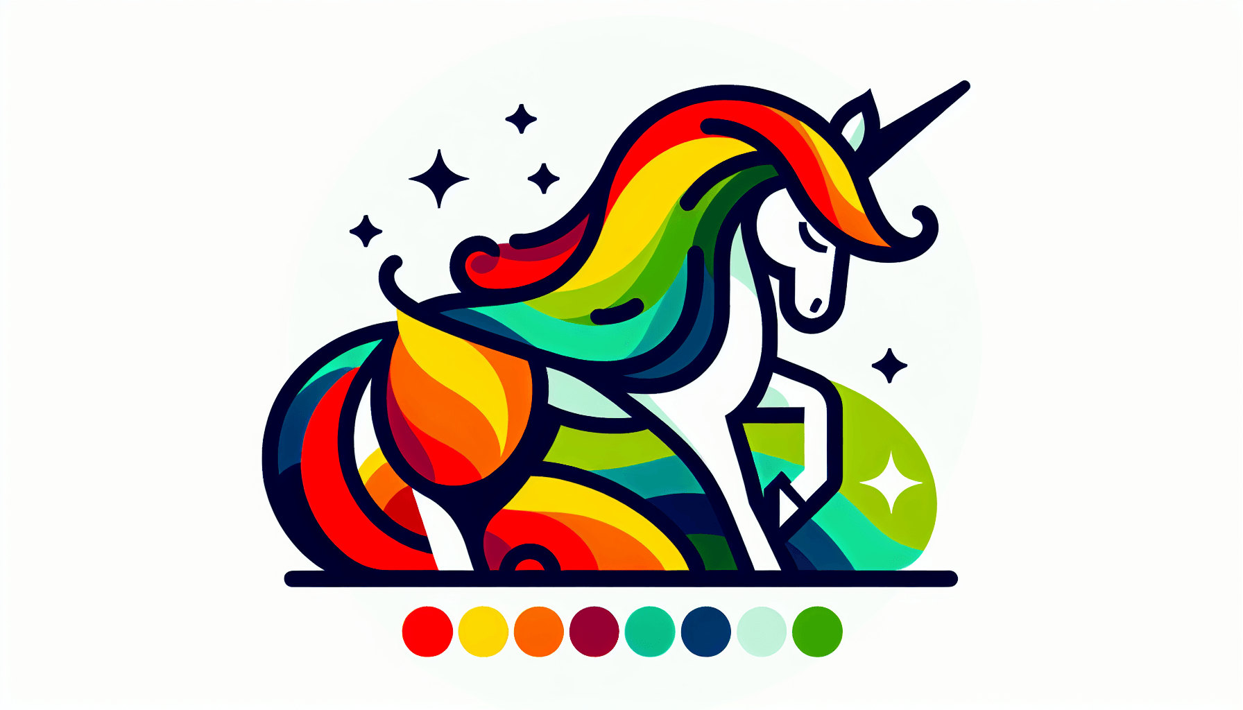 Unicorn in flat illustration style and white background, red #f47574, green #88c7a8, yellow #fcc44b, and blue #645bc8 colors.