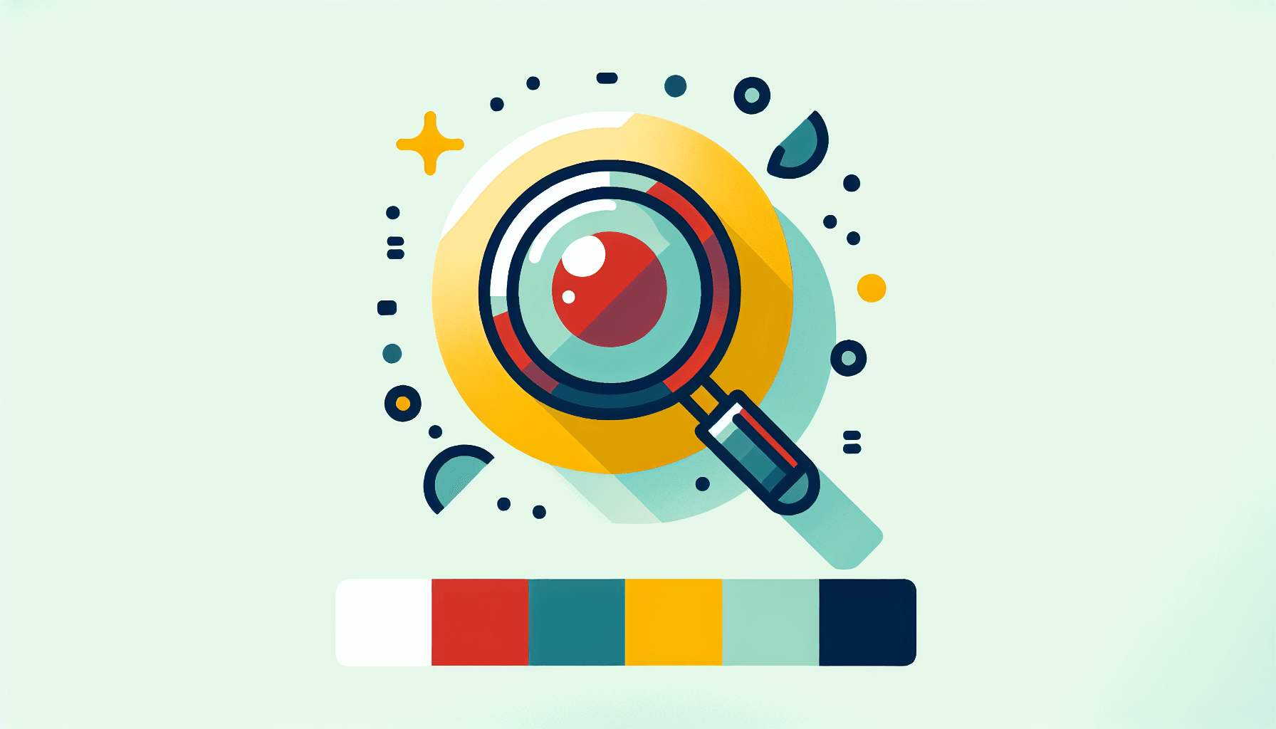 Magnifying glass in flat illustration style and white background, red #f47574, green #88c7a8, yellow #fcc44b, and blue #645bc8 colors.