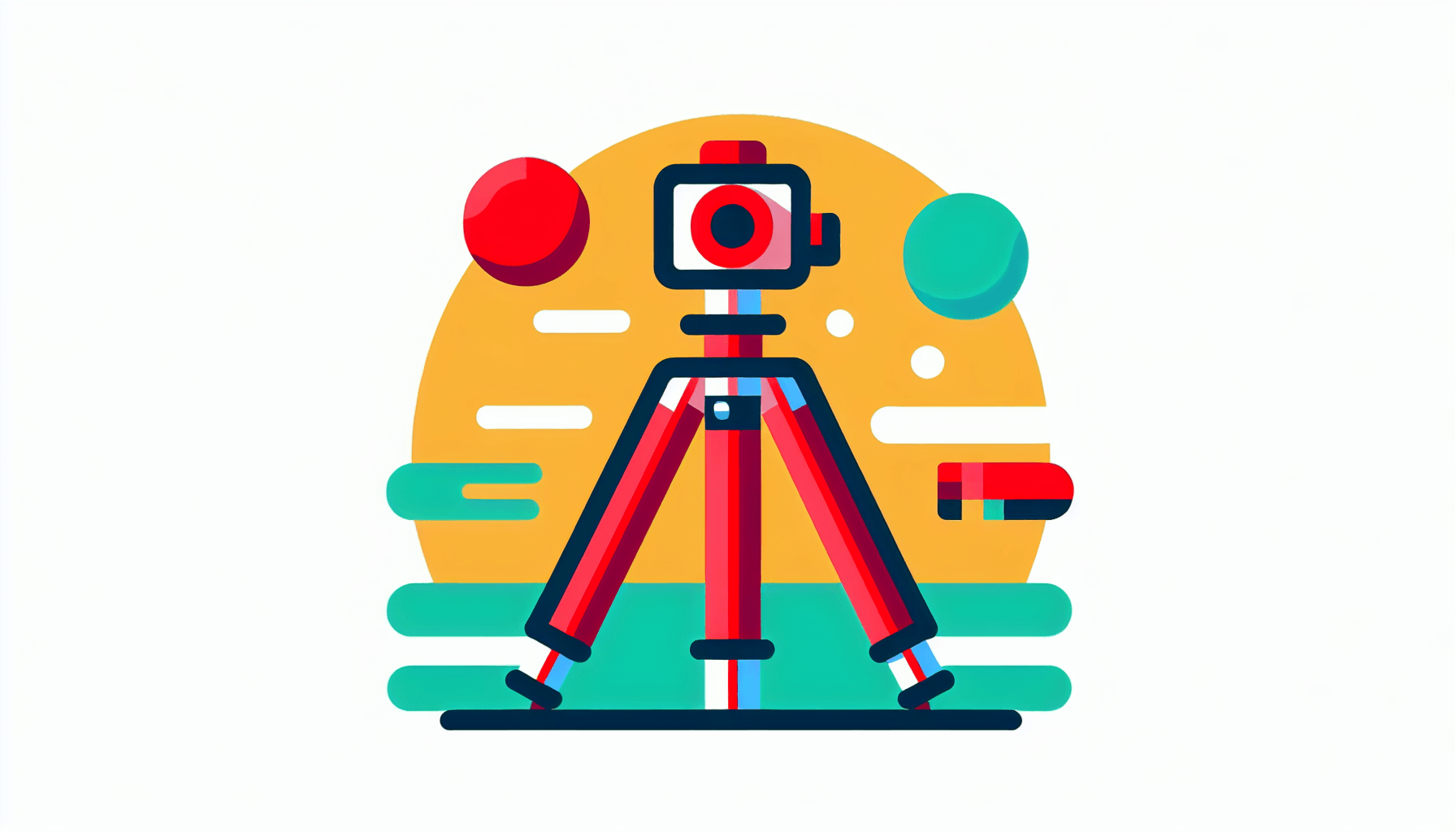 Tripod in flat illustration style and white background, red #f47574, green #88c7a8, yellow #fcc44b, and blue #645bc8 colors.