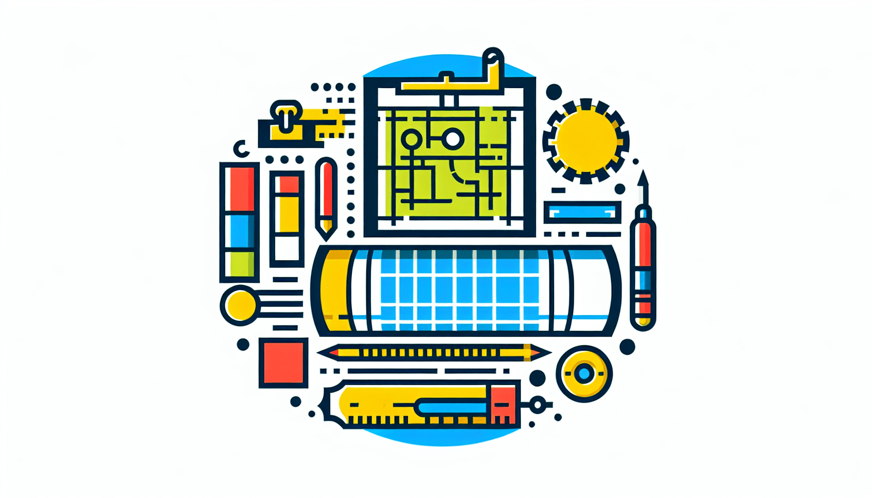 Blueprint in flat illustration style and white background, red #f47574, green #88c7a8, yellow #fcc44b, and blue #645bc8 colors.