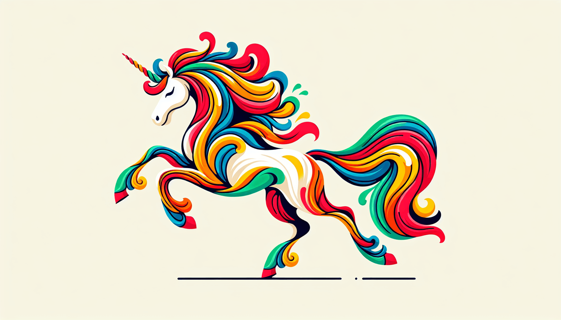 Unicorn in flat illustration style and white background, red #f47574, green #88c7a8, yellow #fcc44b, and blue #645bc8 colors.