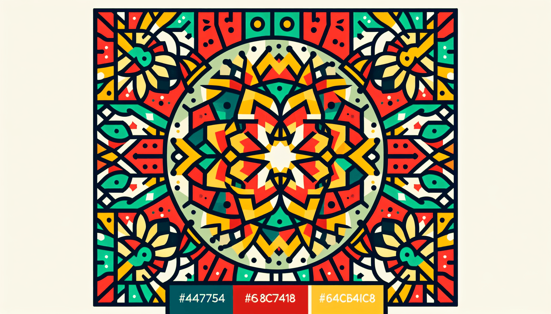 Kaleidoscope in flat illustration style and white background, red #f47574, green #88c7a8, yellow #fcc44b, and blue #645bc8 colors.